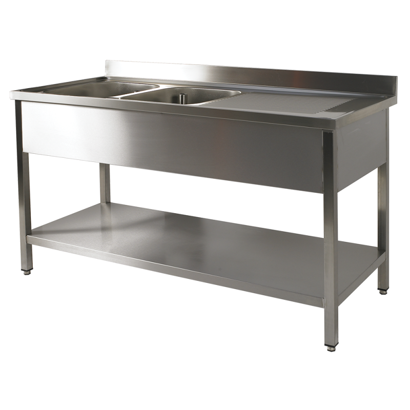 PLONGE 2 CUVES + 1 EGOUTTOIR DROIT + SOUS TABLETTE 1400 x 700 x 900H MM