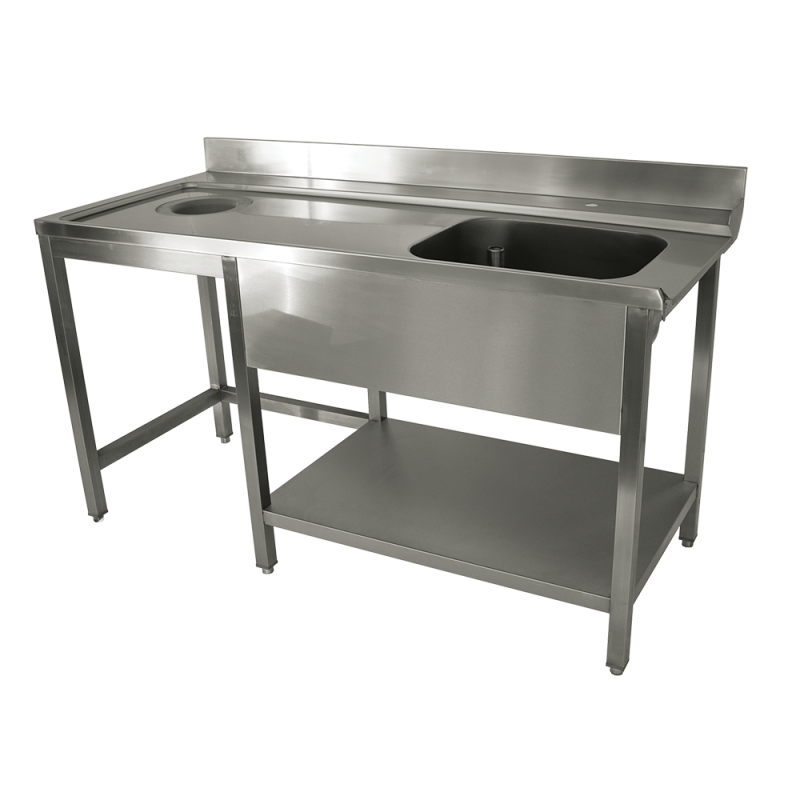 TABLE D'ENTREE LAVE VAISSELLE 1600x700 AVEC SOUS TABLETTE ET TROU POUBELLE ACCROCHE A GAUCHE DU LV